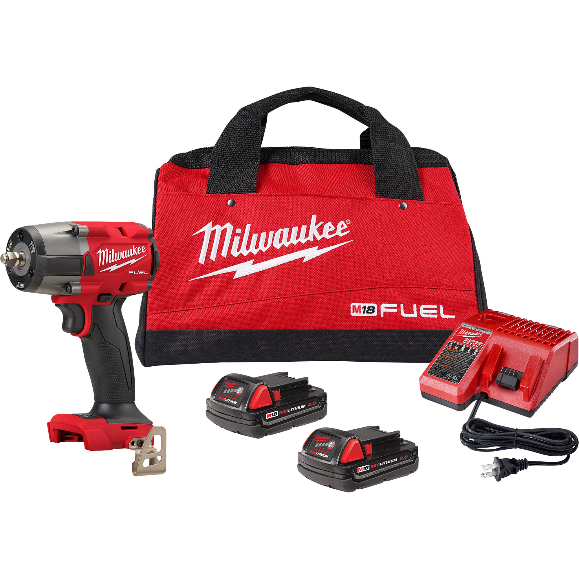 Milwaukee M18 FUEL Cordless Mid-Torque Impact Wrench with Friction Ring Kit, 3/8in. Drive, 600 Ft./Lbs. Torque, 2 CP2.0 Batteries, Model# 2960-22CT